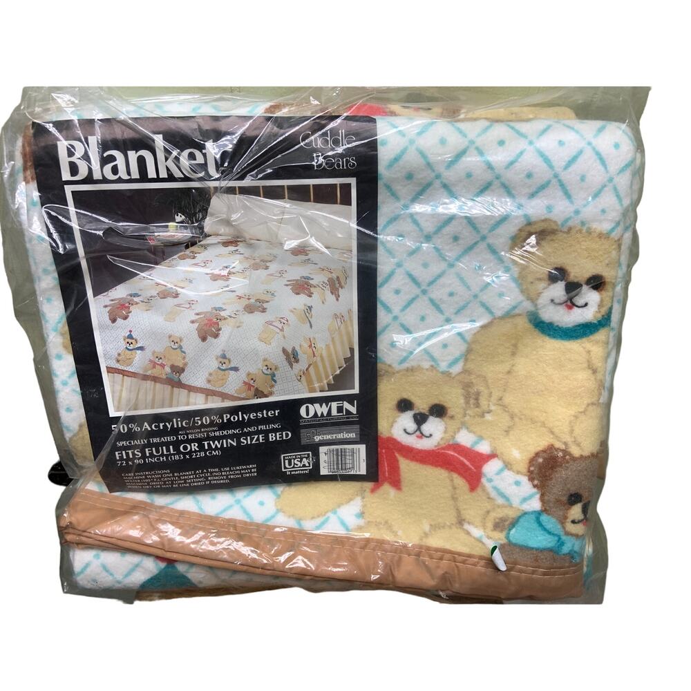 Vintage Owen Cuddle Teddy Bear Full or Twin Size Blanket NIP Made in USA NOS